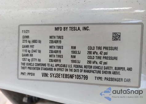 2022 Tesla Model 3 Long Range Dual Motor All-Wheel Drive from USA, damaged, VIN 5YJ3E1EB5NF105799